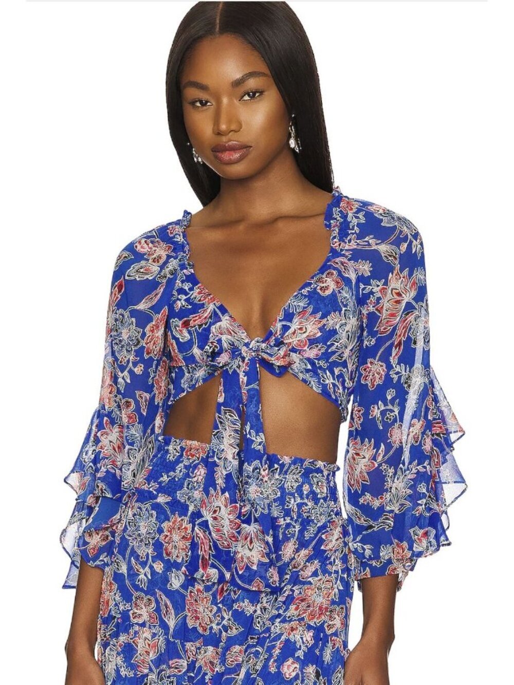 MISA Ancora Floral Tie Crop Top Blouse Blue NWT Size Small
